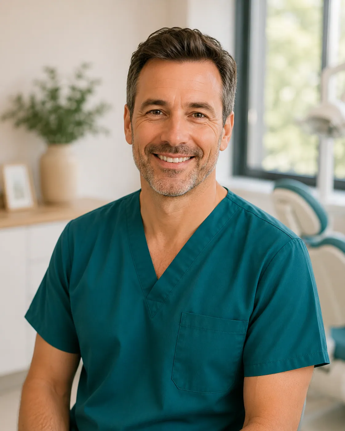 Dr. Farkas Gábor fogorvos mosolyog egy világos, modern fogászati rendelőben