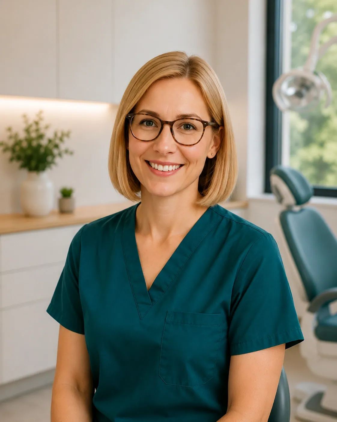 Dr. Tóth Eszter fogorvos mosolyog egy világos, modern fogászati rendelőben